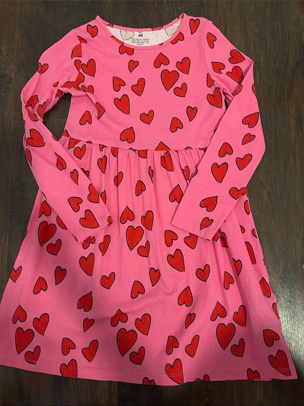 H&M Girl’s Pink Dress with Red Heart Print Sz 8/10